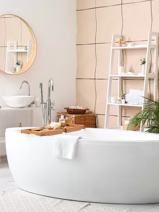 Calming peach bathroom space  