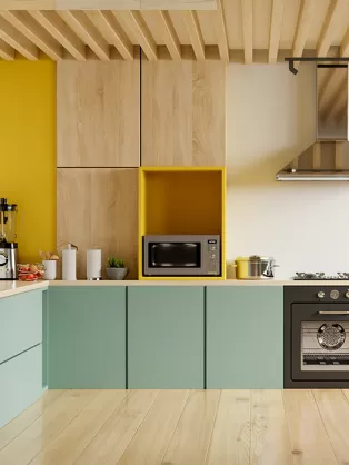 Pop of colour and wood-floored kitchen 