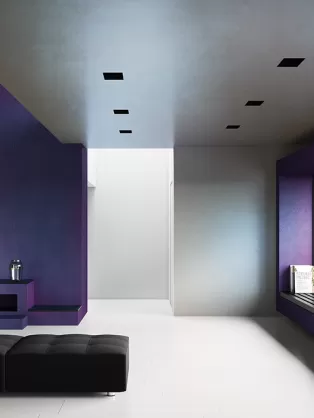 Large living room with purple walls  