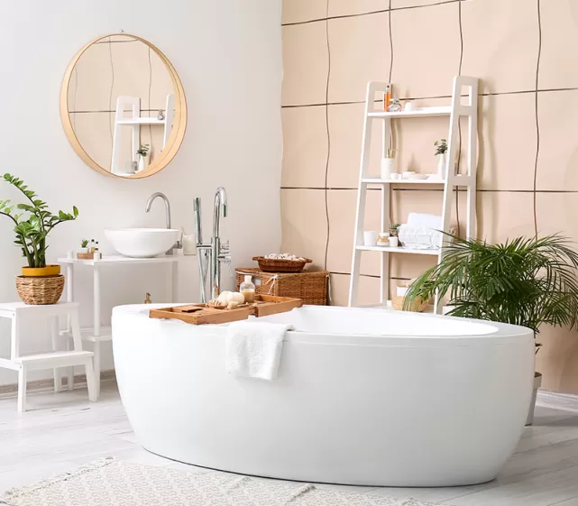 Calming peach bathroom space  